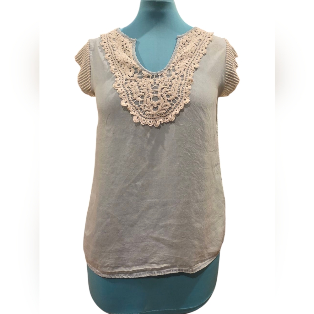 Heartsoul - Small - Women's Blouse - Blue - Mesh - Crochet Detail & Ruffle